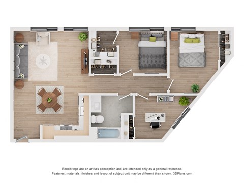 Floor plan for 3 beds, 1 bath, 990 sqft